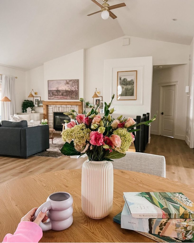 a modern country cottage with walls painted simply white by Benjamin Moore