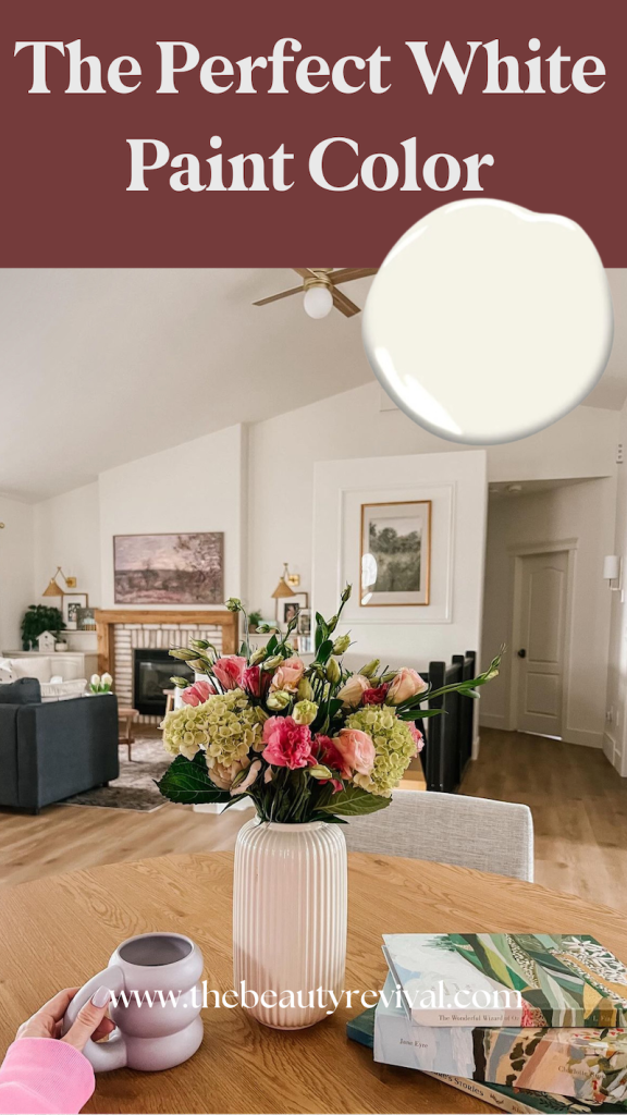 a pinterest pin for the perfect white paint color simply white by Benjamin Moore